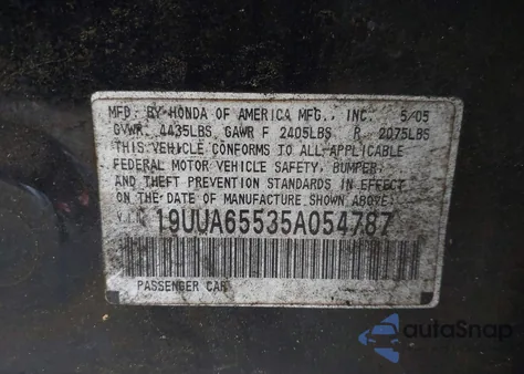 2005 Acura Tl из США, поврежденный, VIN 19UUA65535A054787